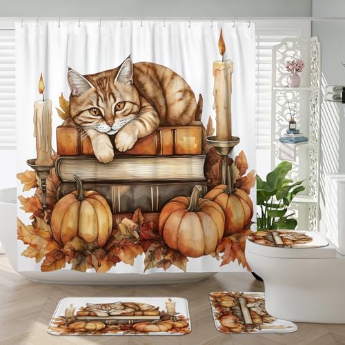 DESIHOM 4PCS Fall Cats Kitten Shower Curtain Set 72x72 with Hooks and Accessories