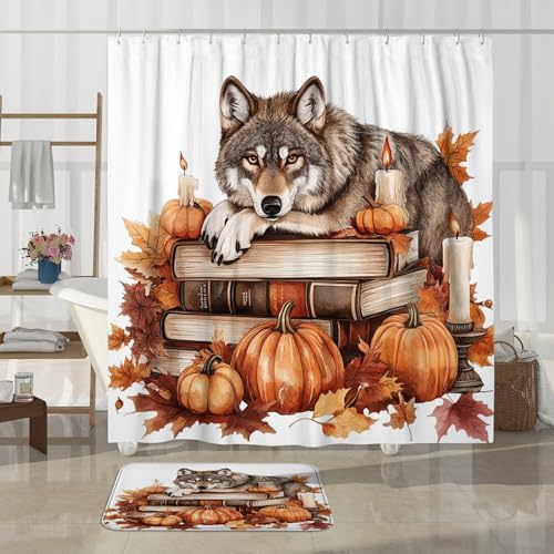 4PCS Fall Wolf Pumpkins Shower Curtain Set with Non-Slip Rug and Toilet Lid Cover Mat