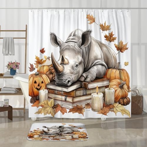 DESIHOM 4PCS Fall Rhinos Pumpkins Shower Curtain Set with Non-Slip Rug and Toilet Lid Cover Mat
