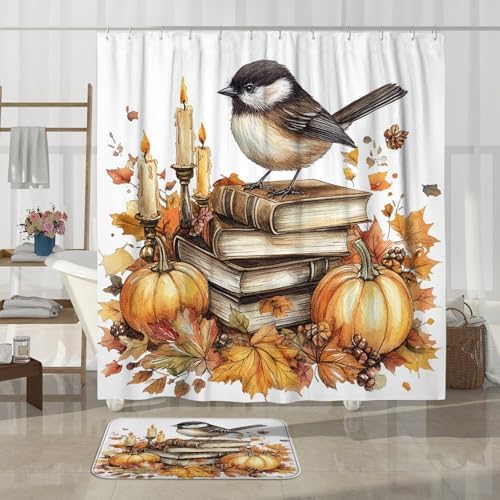 DESIHOM 4PCS Fall Chickadees Bird Shower Curtain Set