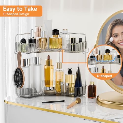 2 Tier Corner Bathroom Organizer with Hooks and Trays Gray