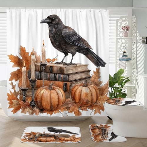 DESIHOM 4PCS Fall Crow Ravens Bird Shower Curtain Set with Non-Slip Rug and Hooks