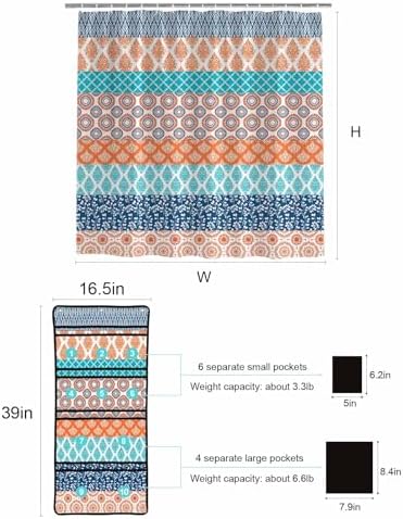 Geometric Stripe Shower Curtain with 10 Pockets and Hooks