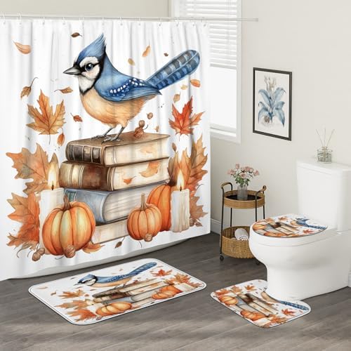 DESIHOM 4PCS Fall Blue Jay Bird Shower Curtain Set with Non-Slip Rug and Hooks