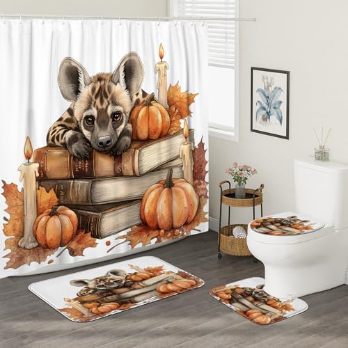 4PCS Fall Striped Hyena Pumpkins Shower Curtain Set with Non-Slip Rug and Toilet Lid Cover Mat