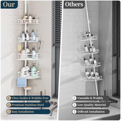 Consumest Corner Shower Caddy Tension Pole - Rustproof With Towel Bar And Soap Holder Adjustable White