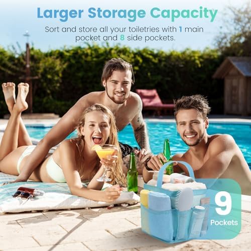 Portable Shower Caddy with 9 Pockets for Dorm Room and Travel Blue