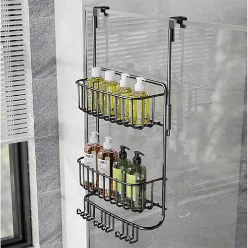 2-Tier Over Door Shower Caddy with 6 Hooks Rustproof Metal Storage for Toiletries No Drill Mount Black