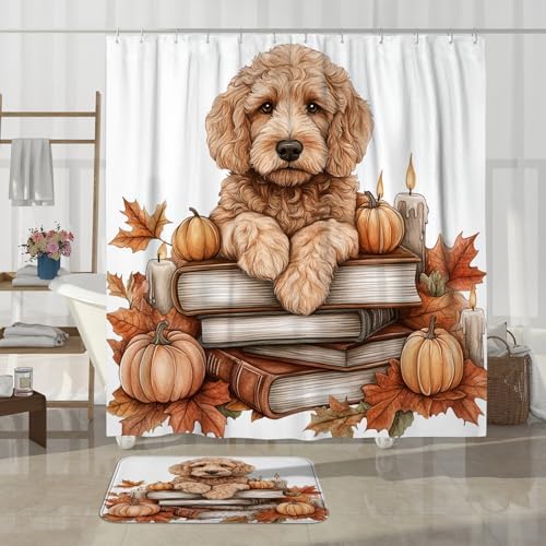 DESIHOM 4PCS Fall Golden Doodle Dog Shower Curtain Set with Non-Slip Rug and Toilet Lid Cover Mat