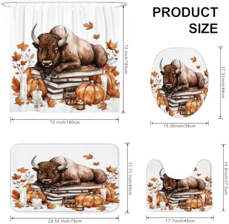 4PCS Fall Bisons Pumpkins Shower Curtain Set with Non-Slip Rug and Toilet Lid Cover Mat