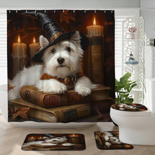 4PCS Halloween Witch Dog Bathroom Set with Non-Slip Rug and U Shape Toilet Lid Cover Mat