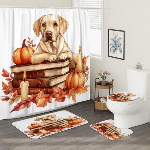 DESIHOM 4PCS Fall Dog Shower Curtain Set with Non-Slip Rug and Hooks