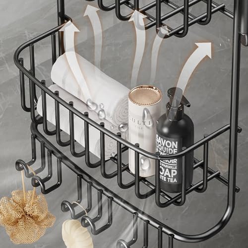 2-Tier Over Door Shower Caddy with 6 Hooks Rustproof Metal Storage for Toiletries No Drill Mount Black