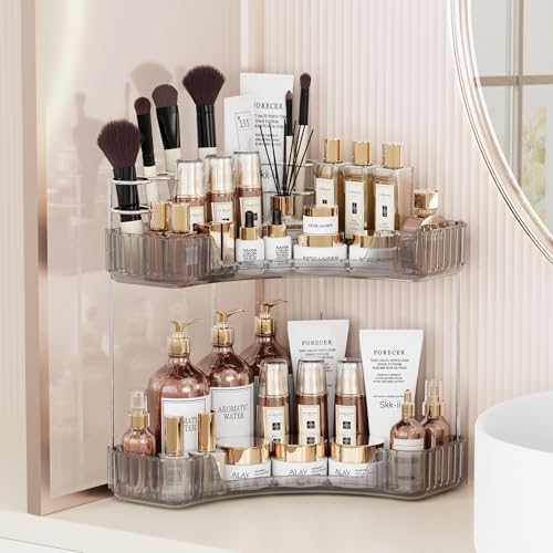 2-Tier Corner Bathroom Organizer with Toothbrush Holder and Makeup Stand