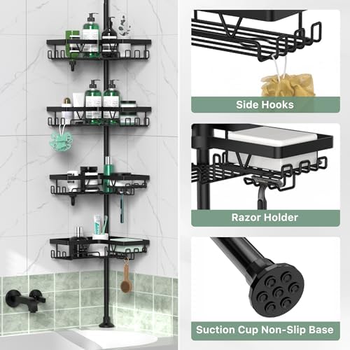 DAOYA Tension Pole Shower Caddy 4 Tier Floor to Ceiling Organizer Black