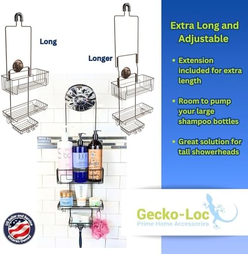 Gecko-Loc Extra Long Adjustable Shower Organizer with Deep Shelf Bronze