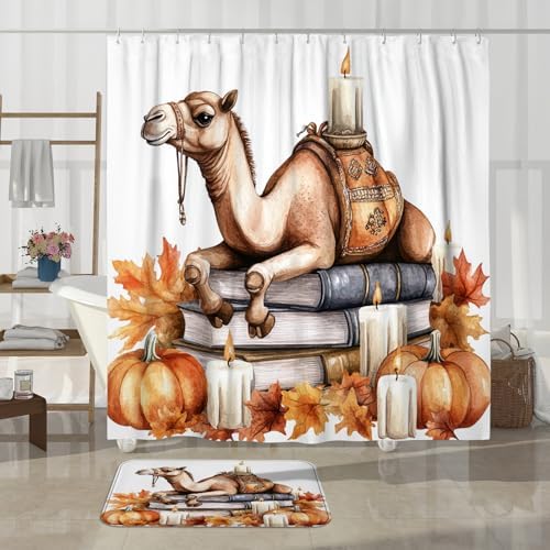 DESIHOM 4PCS Fall Camels Pumpkins Shower Curtain Set with Hooks and Bath Mat