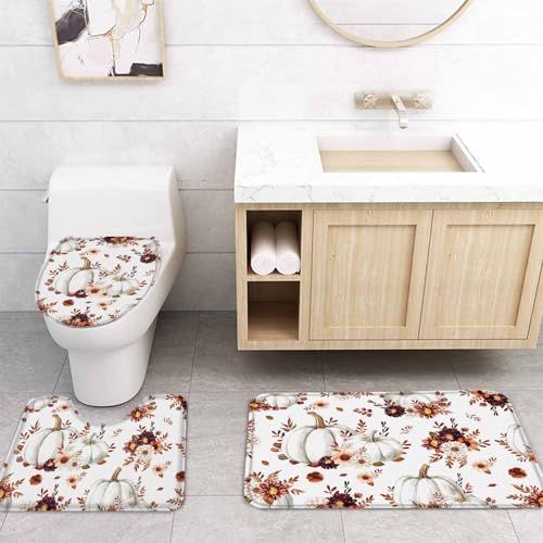 White Pumpkin 4 Pc Shower Curtain Set with Non-Slip Mats and Rugs
