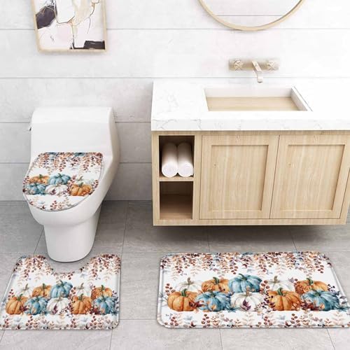 Thanksgiving Orange Blue Pumpkin Shower Curtain Set with Non-Slip Rugs