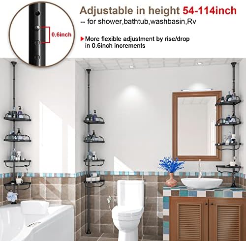 Corner Shower Caddy Tension Pole - 4 Shelves Heavy Duty Floor to Ceiling Organizer Black