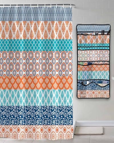 Geometric Stripe Shower Curtain with 10 Pockets and Hooks