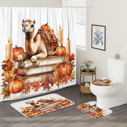 4PCS Fall Camels Pumpkins Shower Curtain Set with Non-Slip Rug and Hooks