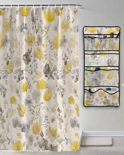 ZFUNCING Floral Shower Curtain Set with 10 Pockets