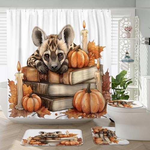 4PCS Fall Striped Hyena Pumpkins Shower Curtain Set with Non-Slip Rug and Toilet Lid Cover Mat