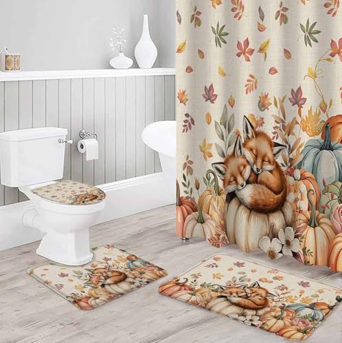 Thanksgiving Watercolor Pumpkin Shower Curtain Set 4PCS Waterproof