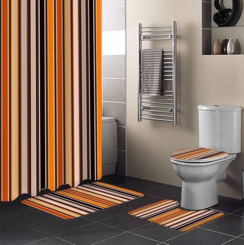 Vintage Striped 4 Piece Shower Curtain Set with Non-Slip Rugs