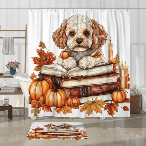 DESIHOM 4PCS Fall Cavachon Shower Curtain Set 72x72 with Hooks and Bath Mat