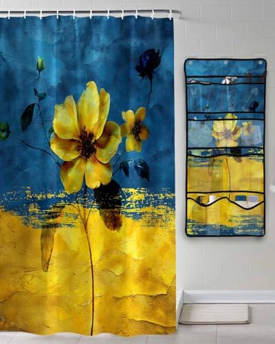 Floral Blue Yellow Shower Curtain with 10 Pockets Organizer Set