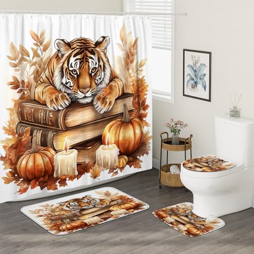 4PCS Fall Tigers Pumpkins Shower Curtain Set with Non-Slip Rug and Toilet Lid Cover Mat