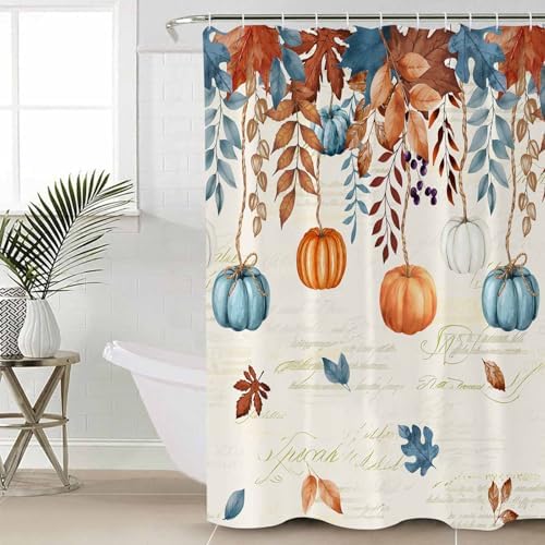 Orange Blue Pumpkin 4 Pc Shower Curtain Set with Non-Slip Rugs