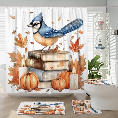 DESIHOM 4PCS Fall Blue Jay Bird Shower Curtain Set with Non-Slip Rug and Hooks