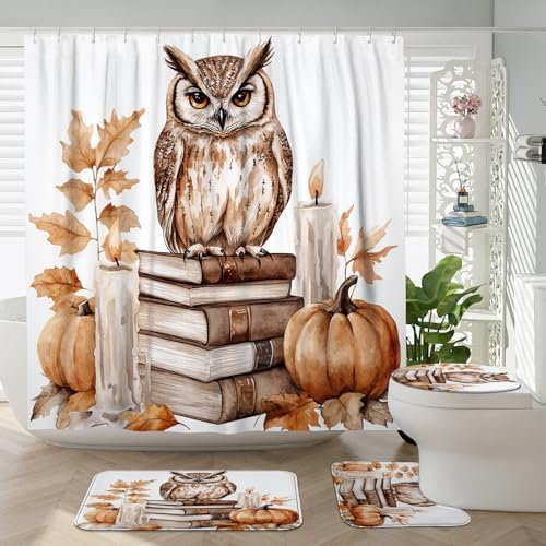 DESIHOM 4PCS Fall Owl Bird Shower Curtain Set with Non-Slip Rug and 12 Hooks