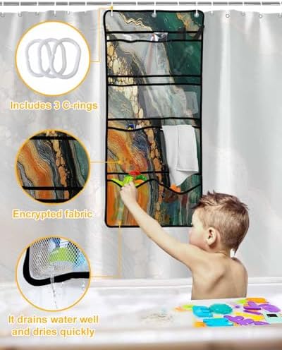 Modern Abstract Marble Shower Curtain with Organizer Set