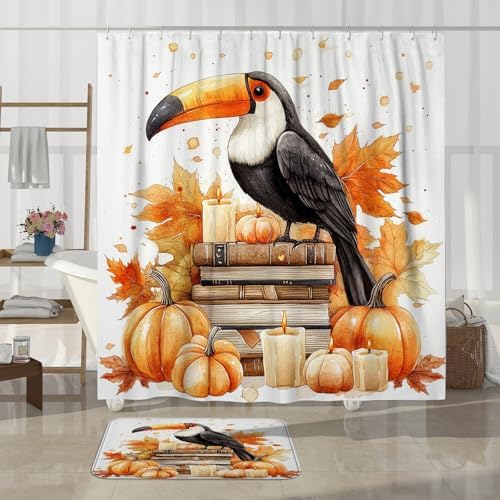 DESIHOM 4PCS Fall Toucan Bird Shower Curtain Set with Hooks and Bath Mat