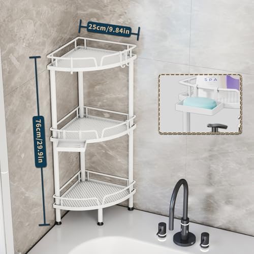 Consumest Corner Shower Caddy Stand - 3 Tier Organizer with Soap Holder and 4 Hooks