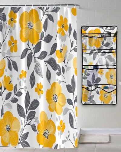 ZFUNCING Shower Curtain with Mesh Organizer and Hooks