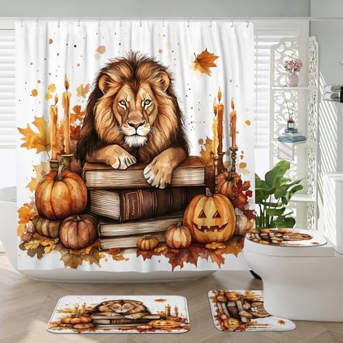 4PCS Fall Lion Pumpkins Shower Curtain Set 72x72 with Hooks and Bath Mat