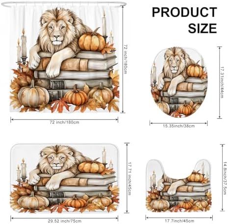 4PCS Fall Lion Pumpkins Shower Curtain Set with Non-Slip Rug and Toilet Mat