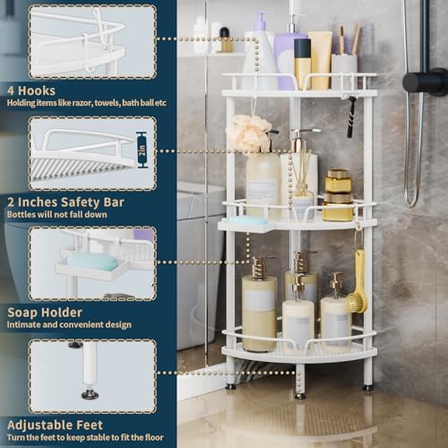 Consumest Corner Shower Caddy Stand - 3 Tier Organizer with Soap Holder and 4 Hooks