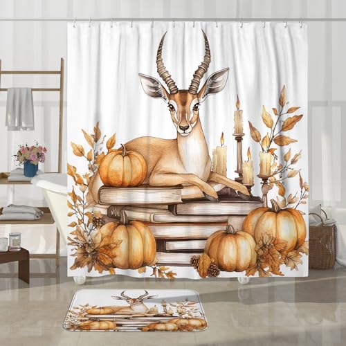 4PCS Fall Antelopes Pumpkins Shower Curtain Set with Hooks and Non-Slip Rug