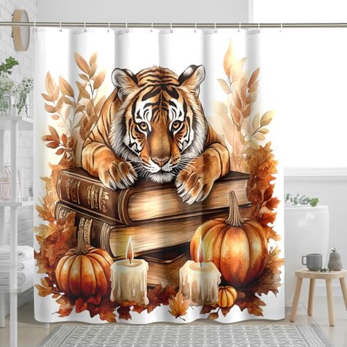 DESIGHOM Fall Tigers Pumpkins Shower Curtain Set 72 Inch