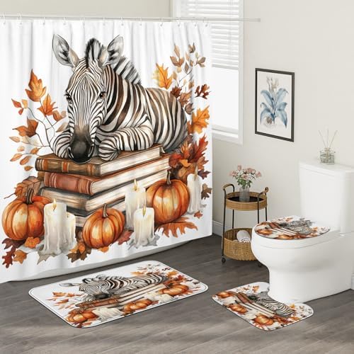 4PCS Fall Zebras Pumpkins Shower Curtain Set with Non-Slip Rug and Hooks