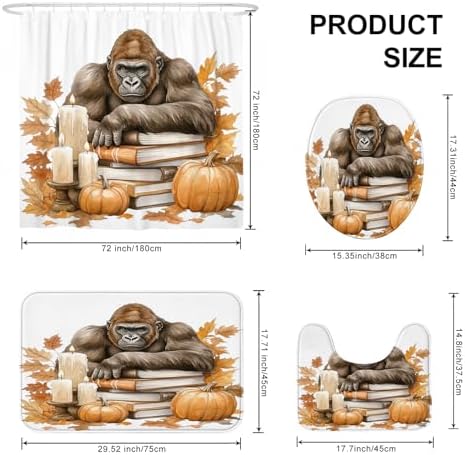 4PCS Fall Chimpanzee Pumpkins Shower Curtain Set with Hooks and Bath Mat