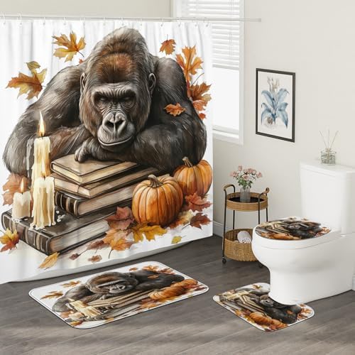 4PCS Fall Chimpanzee Pumpkins Shower Curtain Set with Non-Slip Rug and 12 Hooks
