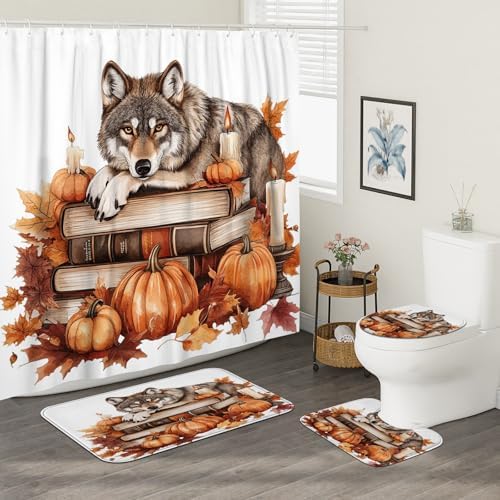 4PCS Fall Wolf Pumpkins Shower Curtain Set with Non-Slip Rug and Toilet Lid Cover Mat