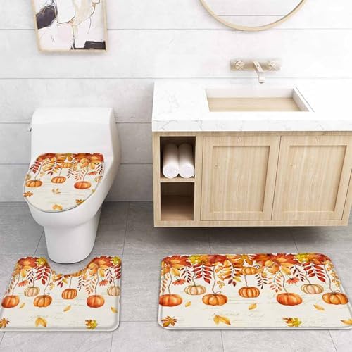 Thanksgiving Orange Pumpkin Shower Curtain Set with Non-Slip Rugs